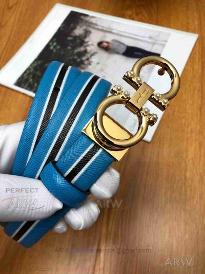 AAA Ferragamo Adjustable Belt For Women - Blue And Black Leather Gold Gancini Buckle